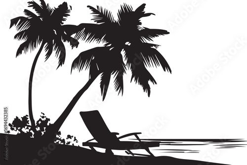 Tropical beach scene with palm tree and lounge chair silhouette