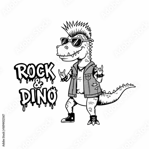 Handdrawn Cartoon Rock and Dino Dinosaur with Punk Style Illustration