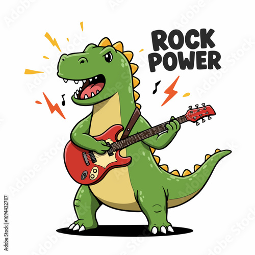 Cute Cartoon Style Dinosaur Playing Electric Guitar Rock Power Illustration