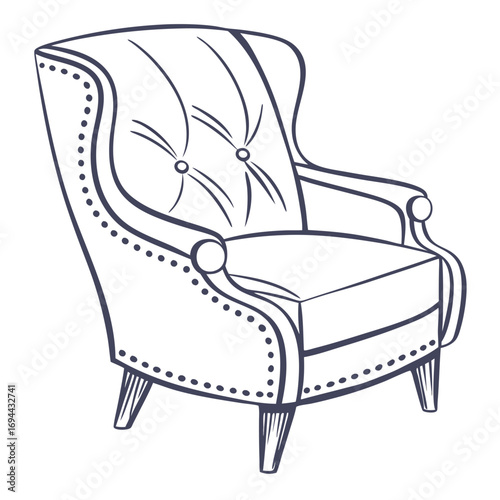 Vintage Wingback Armchair Drawing with Button Tufting and Stud Detailing