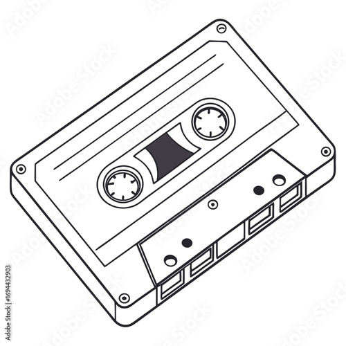 Monochrome line art illustration of a vintage audio cassette tape