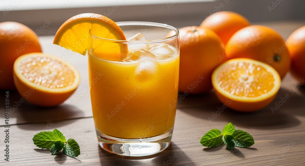 Fototapeta premium Refreshing Orange Juice with Ice, Decorated with Fresh Mint
