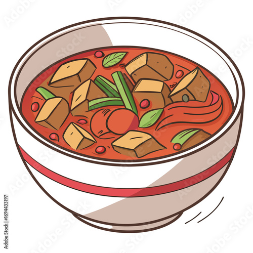 Delicious Bowl of Stew with Tofu, Tomatoes, and Vegetables A Culinary Delight Illustration