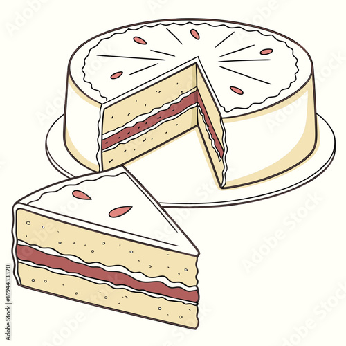 Illustration of a delicious vanilla cake with a slice cut out, perfect for celebrations and desserts