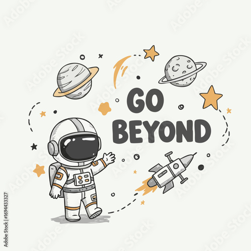 Cute Cartoon Astronaut Exploring Space with Rocket and Planets Illustration