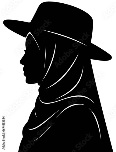 Silhouette of Woman Wearing Hijab and Wide Brim Hat Side Profile