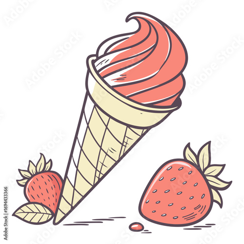Sweet and refreshing strawberry ice cream cone illustration with vibrant fresh berries, a delightful dessert graphic perfect for summer treats and cravings