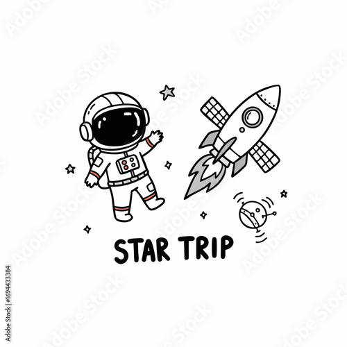 Handdrawn Outline Astronaut and Rocket Spaceship Exploring Universe Illustration