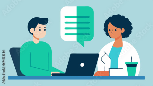 Consultation Scene A health expert sitting at a desk with a laptop open showing a genetic report while a client listens attentively and takes notes.