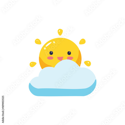 A delightful and charming illustration of a cute, smiling sun peeking over a soft, fluffy blue cloud. The sun has a friendly, kawaii-style face with rosy cheeks and a happy expression.