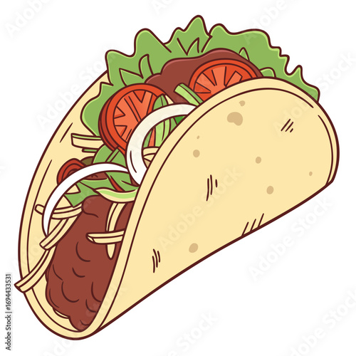 Appetizing illustration of a classic Mexican taco, generously filled with seasoned meat, crisp lettuce, ripe tomatoes, and fresh onions, perfect for a delicious meal or snack