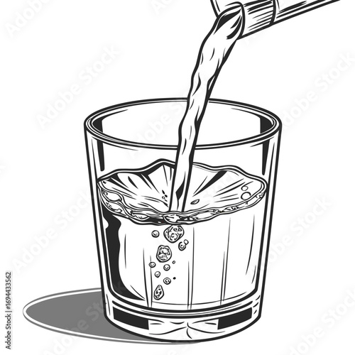 Monochromatic illustration capturing the moment of fresh liquid gracefully pouring into a transparent glass, creating an energetic splash and subtle bubbles