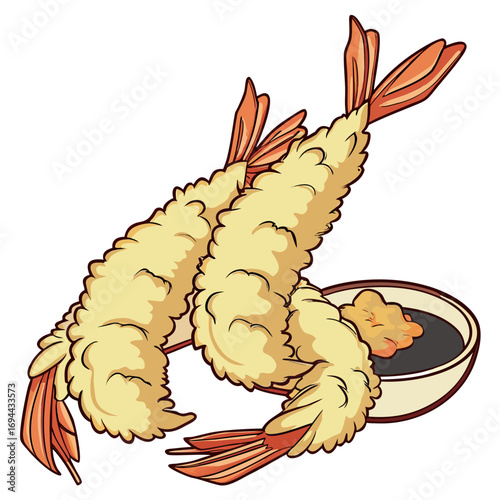 Crispy golden fried shrimp tempura, a classic Japanese appetizer, presented alongside a dark savory dipping sauce, perfect for a culinary design or menu illustration