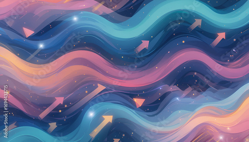 Abstract cosmic waves with glowing arrows and sparkling stars, suggesting movement and direction in a vibrant, ethereal space