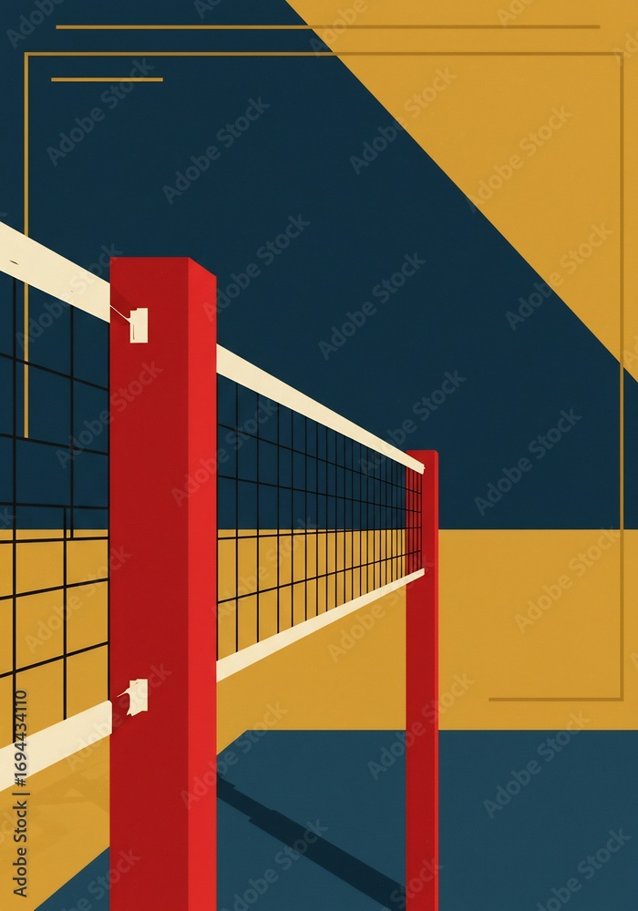 Fototapeta premium バレーボールネット、幾何学模様背景、スポーツイラスト