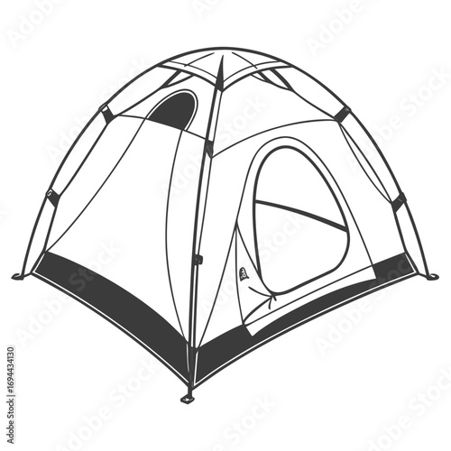 Black and white line drawing of a portable shelter for outdoor recreation and wilderness adventures