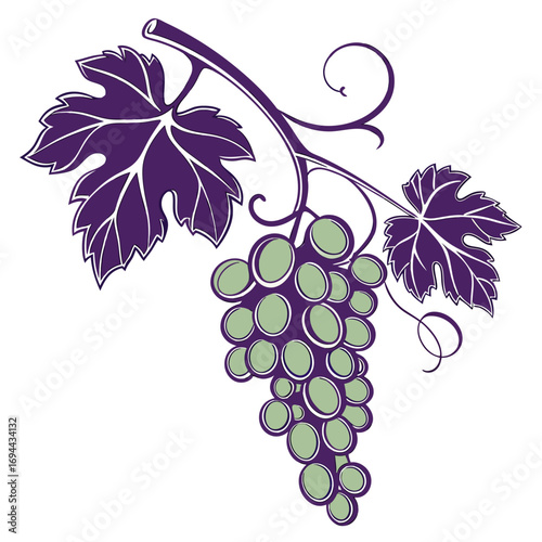 Decorative grapevine branch with a cluster of green grapes and purple leaves