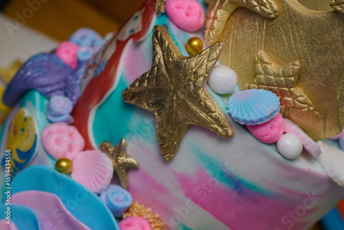 December 24, 2022 - Belgrade, Serbia. Birthday cake with motifs from the popular Little Mermaid cartoon. Popular characters are on the cake and the main one is Princess Ariel