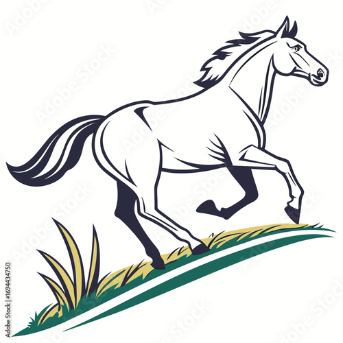 Stylized illustration of a powerful white horse running uphill on a grassy field