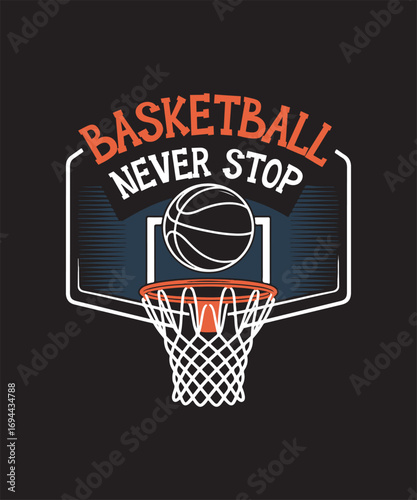 Basketball T-shirt design, basketball player silhouette, slam dunk, dribbling, sports typography, retro vintage basketball artwork, streetwear graphic design, trendy athletic apparel vector art