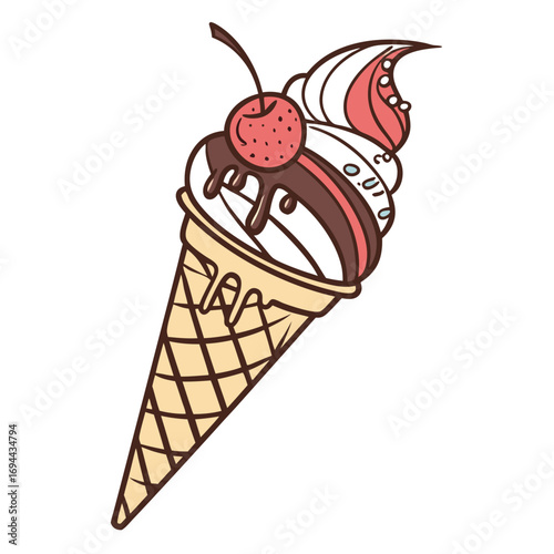Delicious creamy soft serve ice cream cone with a juicy red cherry, chocolate drizzle, and colorful sprinkles, a perfect sweet summer treat