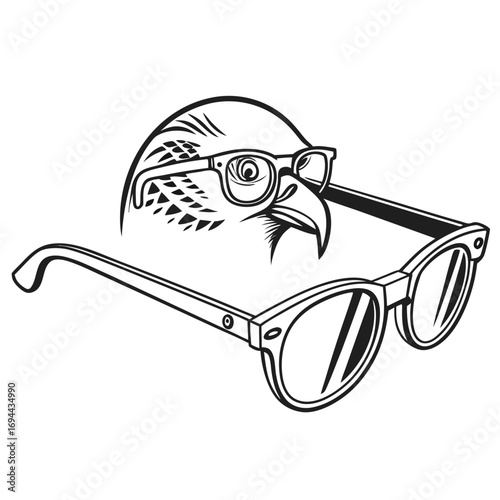 Hawk wearing glasses, illustration of a sharp-eyed bird of prey