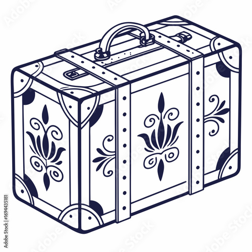 Vintage suitcase illustration with ornate floral embellishments