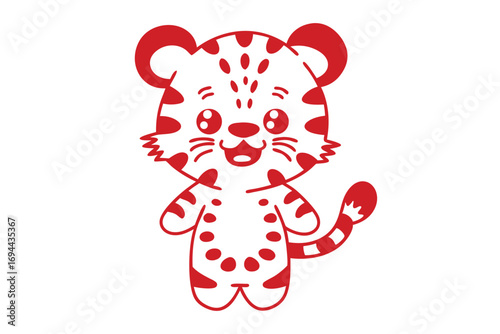 Red outlined smiling cartoon tiger standing with small spots across its body shows happiness