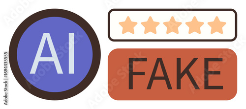 Blue AI circle and orange FAKE text box with a five-star rating. Ideal for ethics, trust, misinformation, reviews, artificial intelligence, credibility, and fraud topics. Simple flat metaphor