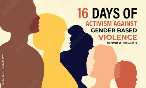 16 Days of Activism raises global awareness to stop gender-based violence, empower women, and support survivors.  Banner poster, social media, flyer and background design template. Vector illustration