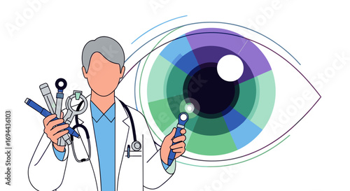 Ophthalmologist holding medical tools with large colorful eye illustration in background. Medical professional showcases equipment for eye examination and eye care concepts