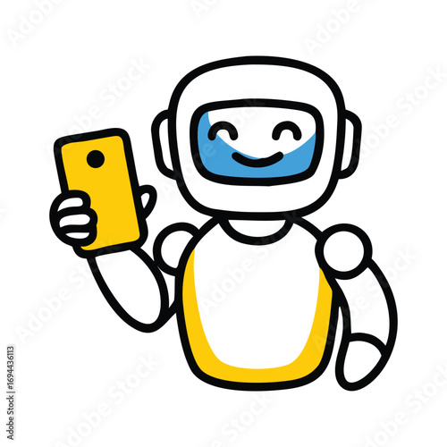 Cartoon robot holding a yellow smartphone android artificial intelligence