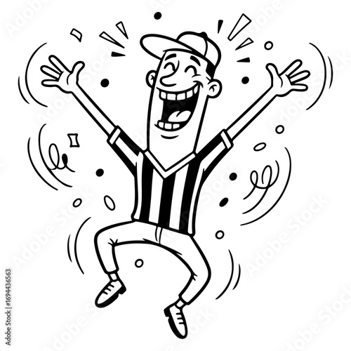 Illustration of joy and cheering: A scene of a fan or referee jumping in excitement, expressing the joy and exhilaration of victory. This is a great vector art for sports, events, or marketing.