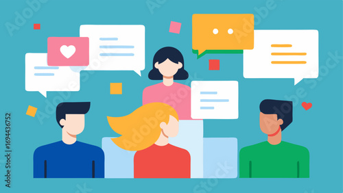 Digital Discussion Board An illustration of a bulletin board filled with sticky notes of advice messages and questions about mental health with people engaging in discussion