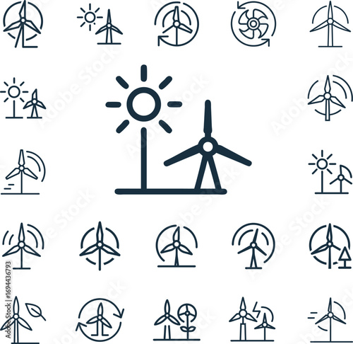 Windfarm Renewable Energy Vector Icons Set with Solar and Wind Turbine Line Art