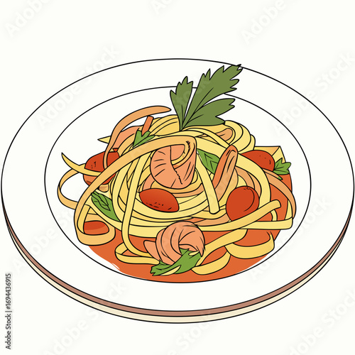 Vibrant hand-drawn illustration of a delicious Italian pasta dish, featuring long noodles, ripe tomatoes, and fresh green herbs in a rich red sauce, presented on a white plate