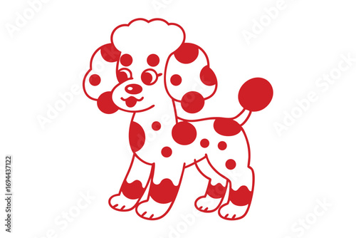 Red polkadotted poodle stands cheerfully with its tongue sticking out against a white background