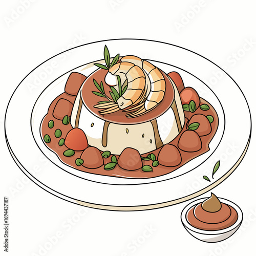 An artful illustration of a savory shrimp and creamy dish, elegantly garnished with fresh rosemary and vibrant peas, perfect for a refined culinary experience