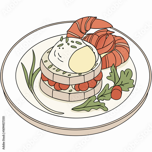 Vector line art illustration of a gourmet brunch dish with a poached egg, shrimp, and savory layered cake on a plate