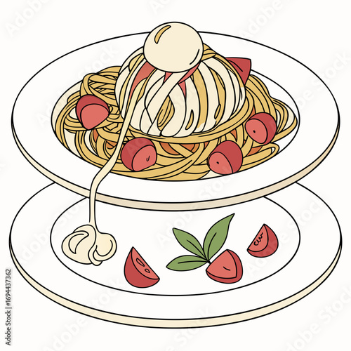 A delightful illustration of a perfectly plated spaghetti dish, showcasing creamy sauce drizzled over pasta, garnished with fresh tomatoes and basil leaves