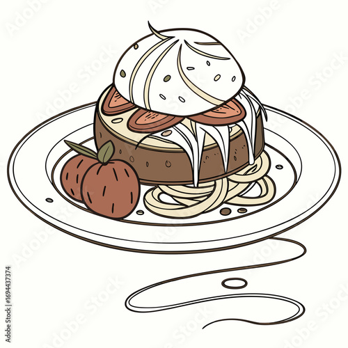 Artistic Illustration of a Gourmet Plate Delicious Burger and Pasta Garnished for Culinary Enjoyment