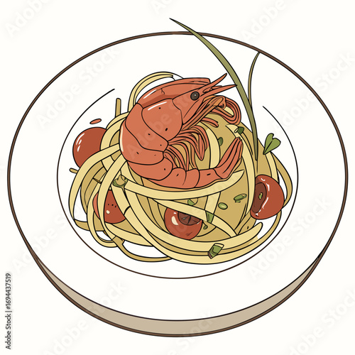 Delicious plate of spaghetti with shrimp and cherry tomatoes, garnished with fresh herbs, a classic Italian dish
