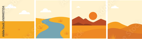 Minimal autumn landscape set with desert hills, flowing river, sunset mountains and flat yellow fields for seasonal nature design