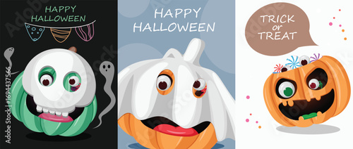 Halloween greeting card collection with funny pumpkin designs like skeleton mask, ghost disguise, and candy bucket. Perfect for Happy Halloween wishes, trick or treat cards, and spooky party decor.