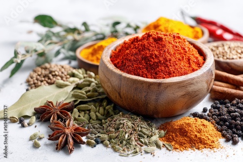 Wooden bowl of red spice amongst various herbs and spices