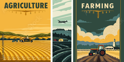 Vintage style illustration of agricultural scenes with tractors and airplanes in stylized landscapes