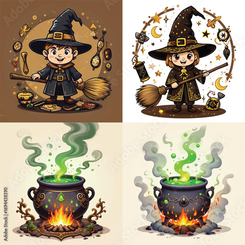 Cute young wizard casting spells with cauldron in cartoon style  
