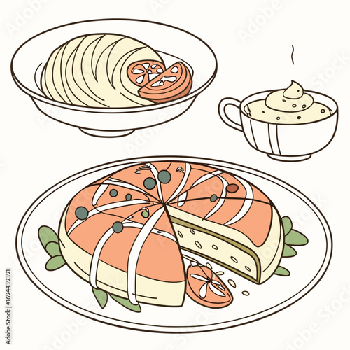Elegant line-art illustration of a varied meal a decorative sliced citrus cake, a comforting pasta dish, and a steaming sweet drink, ideal for culinary themes