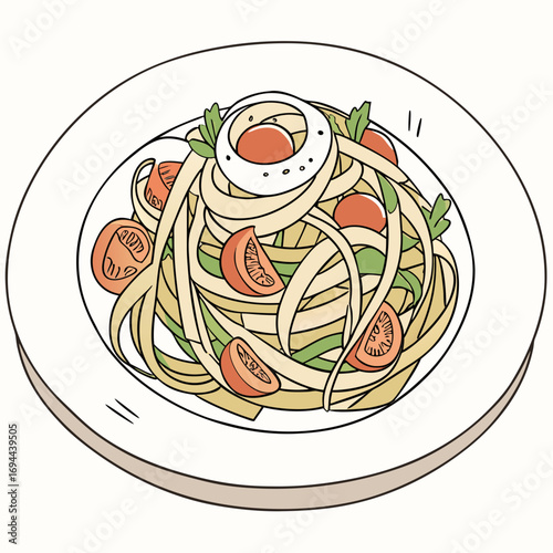 A charming hand-drawn illustration of a fresh pasta dish with tagliatelle noodles, ripe tomatoes, and a sliced hard-boiled egg, presented on a simple white plate, perfect for culinary projects