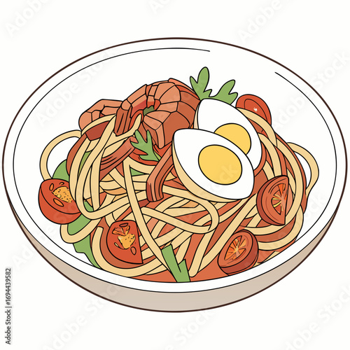 Delicious Shrimp Pasta Salad with Eggs and Tomatoes, a Healthy Meal in a White Bowl, vector illustration